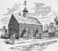 Original title:  The Indian church at New Fairfield (Built 1827). From a drawing by L.F. Kampmann, 1842, in Moravian Archives. 