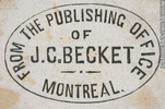 Original title:  Engraving Commercial stamp of the publishing office of J. C. Becket, Montreal John Henry Walker (1831-1899) 1850-1885, 19th century Ink on paper on supporting paper - Wood engraving 3.2 x 3.8 cm Gift of Mr. David Ross McCord M930.51.1.525 © McCord Museum Keywords:  commercial (1771) , Print (10661) , Sign and symbol (2669)
