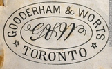 Original title:  Engraving Commercial crest of Gooderham & Worts John Henry Walker (1831-1899) 1850-1885, 19th century Ink on paper on supporting paper - Wood engraving 4 x 6 cm Gift of Mr. David Ross McCord M930.50.1.856 © McCord Museum Keywords:  commercial (1771) , Print (10661) , Sign and symbol (2669)