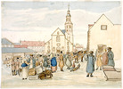 Original title:  Winter View of the Upper Town Market showing the Catholic Cathedral and Seminary / Le marché de la Haute-Ville, la basilique et le séminaire en hiver. 