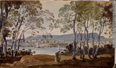 Titre original&nbsp;:  Painting Montreal from St. Helen's George Heriot About 1801, 19th century Watercolour and graphite on paper 11.4 x 19.5 cm Gift of Mrs. J. C. A. Heriot M928.92.1.21 © McCord Museum Description Keywords:  Painting (2229) , painting (2226)