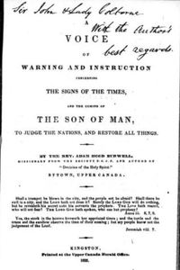 Titre original&nbsp;:  Title page of "A voice of warning and instruction concerning the signs of the times, and the coming of the Son of Man to judge the nations and restore all things" by Adam Hood Burwell, 1835. Source: https://archive.org/details/cihm_21512/page/n5/mode/2up 
