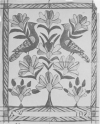 Original title:  Two Birds in Flowered Tree, by Anna Weber
Source: Anna's art : the fraktur art of Anna Weber, a Waterloo County Mennonite artist, 1814-1888
E. Reginald Good. -- Kitchener : Pochauna Publications, [1976]. -- 48 p. : ill. (some col.) ; 26 cm. -- ISBN 0969063008. -- P. 26
© Public Domain nlc-4385